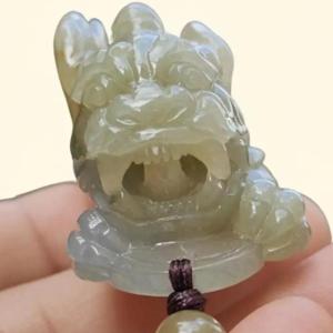 Authentic High Quality Light Green and Brown Natural Type-A Jadeite-Jade crafted as Pixiu for Pendant certificate weighs 54.18 grams measurement 56 * 25.2 * 26.2 mm (pendant303)