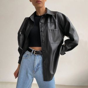 Aket Wanita Model Oversize Kemeja Blazer Bahan Semi Kulit Sintetis Viena Import PU Faux Synthetic Leather Jacket Oversized