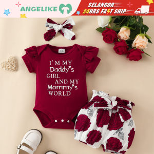 Baby Girls Clothes Set Baju Budak Perempuan Letter Print Short Sleeve Crew Neck Romper + Floral Print Shorts + Headband