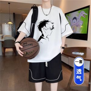 2026 Trendy youth sports versatile loose-fitting round-neck casual short-sleeve shorts set for men