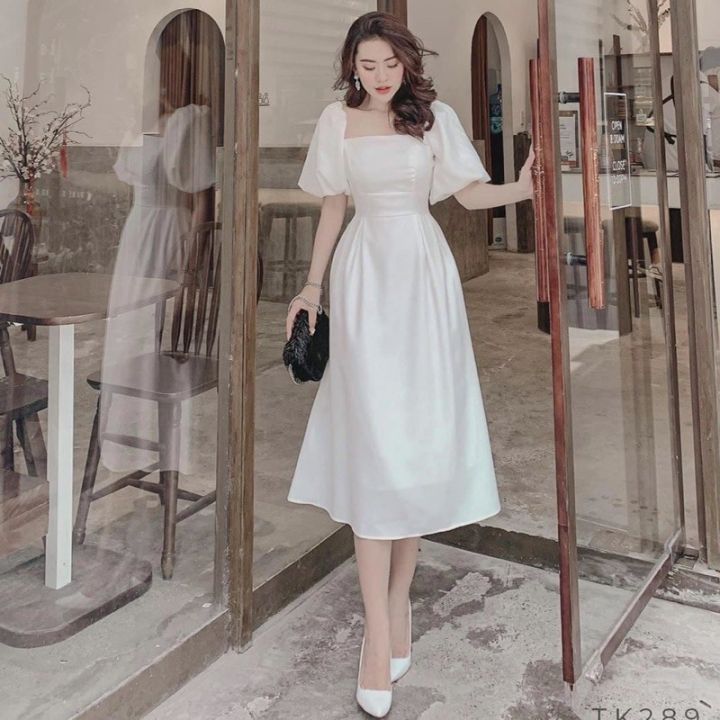 Đầm xòe đen thêu hoa nhí trắng cổ vuông HL25-23 | Thời trang công sở K&K  Fashion