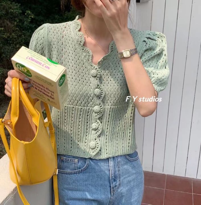 𝙁.𝙔 𝙨𝙩𝙪𝙙𝙞𝙤𝙨 🌸(พร้อมส่ง‼️)🌸เสื้อไหมพรม เสื้อลูกไม้แขนสั้น กระดุมหน้า ...