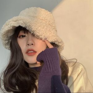 OQEWPI ปรับได้ เกาหลี ครีมกันแดด ฤดูใบไม้ร่วงและฤดูหนาว สำหรับผู้หญิง สไตล์ลำลอง หมวกผู้หญิง Lambwool Bucket Hat หมวกสีล้วน หมวกสไตล์เกาหลี