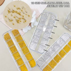 TKNUS Multiple Sizes Mini Steel Metal Beads 0.6mm to 2mm 12-Grid Golden and Silver Bead Charms Fashion Round DIY Nail Art Decoration for Nail Art