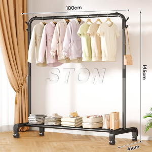 STON Floor Coat Drying Rack Bedroom Shoes Clothing Storage Organizer Hanger Single/Double Rod Balcony Rack With Wheels
