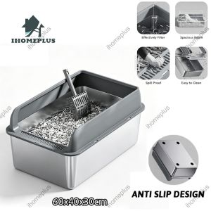 New Stainless Steel Cat Litter Box 60x40x30cm Extra Large Cat Litter Box with Cat Litter Scoop for Cats no more 15kg