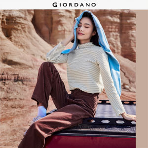 Giordano Beau Monde Women High neck long sleeve stripe stretchy t-shirt Free Shipping 13325702