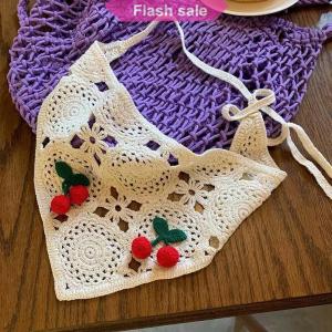 SHENHAO2🎀 Knitted Triangle Headband Cute Little Cherry French Pastoral Style Headband Towel Crochet Flower Headscarf