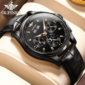 OUPINKE Casual Fashion Mens Mechanical Watch 100% Original Brand New Brand Calendar Chronograph Leather Strap Waterproof Luminous Watches