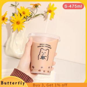 Butterfly ขวดน้ำน่ารักสำหรับกาแฟน้ำผลไม้นมชาถ้วยเย็นพลาสติกน่ารักพร้อมฝาหลอดแบบพกพาใช้ซ้ำได้ขวดน้ำดื่มปราศจากสาร BPA
