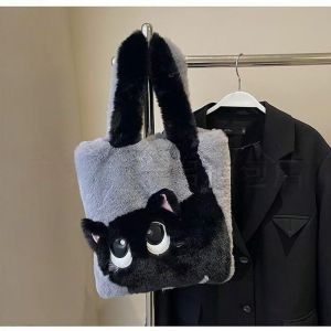 MOUSSON  กระเป๋าโท้ทขนกระต่ายเร็กซ์เลียนแบบแมวน่ารักปักสีตัดกันกระเป๋าถือไหล่เดียวนุ่มน่ารักแฟชั่นสตรีทแมทช์ทุกวัน