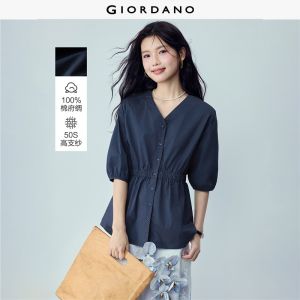Giordano Women 100% cotton v-neck cinched waist blouse Free Shipping 05346494