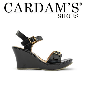 Cardams Womens Wedge Sandals CLY 28475 Black Dark Beige C3 - Black wedge sandals with ankle strap and toe strap featuring gold buckles.