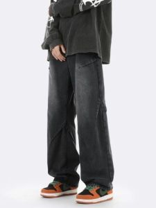 IELGY Mens New Stitching Color Contrast Loose Straight Pants Jeans