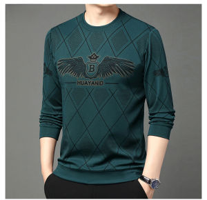 IELGY Mens Autumn and Winter New Flocking Printed Long Sleeve Round Neck T-Shirt Casual Top