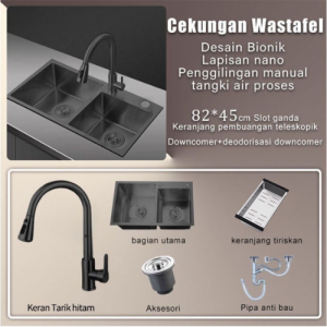 ES Kitchen Sink Bar Set Lengkap Black/Wastafel Stainless Steel Hitam 304 Dengan Kran Angsa Fleksible Indikator LED