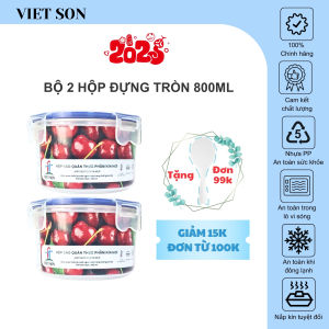 Bộ 2 Hộp Tròn Đựng Thực Phẩm Việt Son 800ml Nắp Khóa 4 Cạnh Kín Hơi