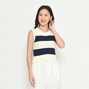 QUEENTIN Tanktop Wanita Rajut 265 Double Wave Cotton Polyamide Knit Motif Salur Tanpa Lengan