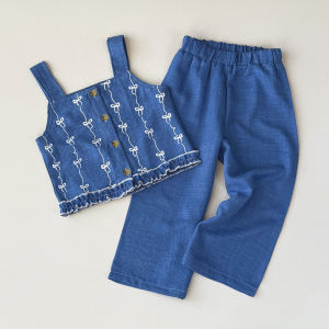Bear Leader Kids Clothing Baby Girls Denim-Effect Sets 3 To 7 Years Imitation Denim Fabric Ruffle Summer New Bow Print Sleeveless Tops and Pants 2 Pieces Suits Korean Kids Fashion Clothes Outwear