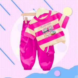 Baju labubu anak perempuan 1-5 tahun oneset celana cargo kaos salur besar katun lengan pendek