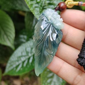 Bluish Dark Green Premium Quality Natural Type A Jadeite Pendant Necklace crafted as leaf with certificate weigh 12.98 grams 57.7 * 24 * 8 mm symbols of Great success and rising step by step career is going smoothly (pendant164)