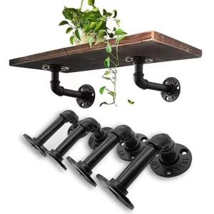 TIMES LORD Vintage Style Pipe Rack Bracket Retro Black Iron Rustic Design Wall-Mounted Shelf Home Storage Wall Mounted Industrial Pipe Shelf Home Shelving