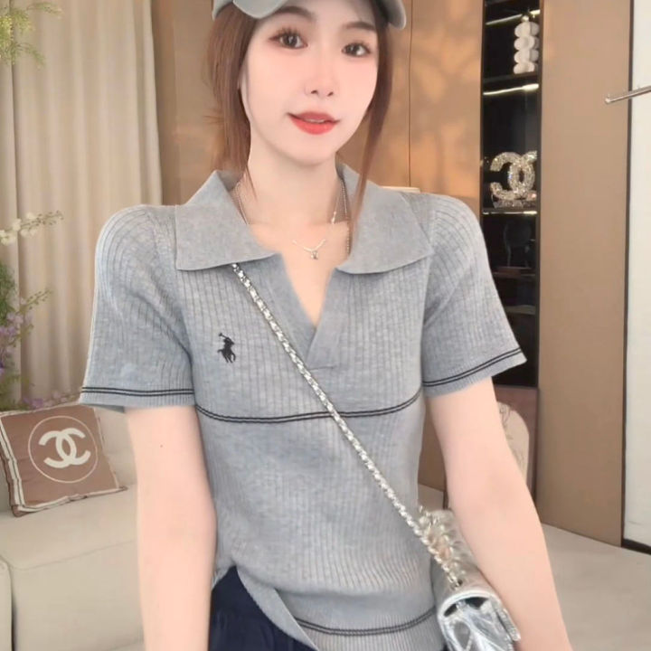 Polo Áo dệt kim cỡ lỡn của phụ nữ mùa hè sọc thêu ve áo ngắn áo có tay ...