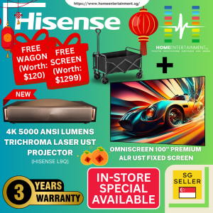 [ INSTOCK NOW ] Hisense L9Q 4K Triple Laser Ultra Short Throw Projector (up to 200") Super Bright 5000 ANSI LUMENS Theater-style surround sound chamber collaboration with Devialet + FREE 100" Premium Fixed Screen (3 Years Local Warranty)