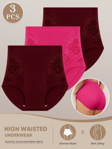 3pcs Womens High-Waisted Underwear - Tummy Control Shaping Briefs with Floral Lace Trim Breathable Semi-Sheer Triangle