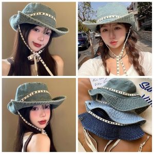 NOVELLEO Big Brimmed Denim Bucket Hat Letter With Tie Belt Jeans Fisherman Hat Sweet Korean Style Sunscreen Hat Women