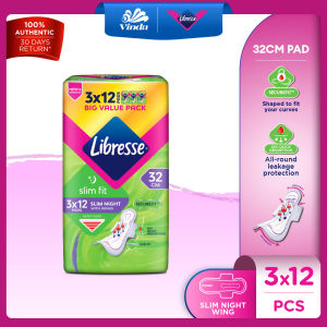 Libresse Slim Night Wings Pads 32cm (3x12s) - Secure Fit & Leakage Protection