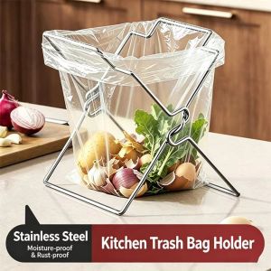 MIRELINA Stainless Steel Trash Bag Holder Foldable Freestanding Garbage Bag Stand Durable Space Saving Kitchen Waste Rack Kitchen Countertop