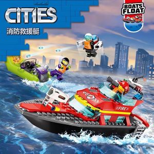 Compatible with City Series 60373 Fire Rescue Boat Assembly Building Blocks Childrens Toy Speedboat Transport Fire Alarm