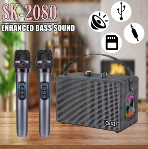 QIXI SK-2080 HiFi Bass Wireless Bluetooth RGB 2 in 1 Speaker & KTV and Two Wireless Microphone