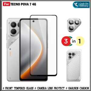 Paket 3IN1 Tempered Glass Tecno Pova 7 4G 4 4G 3 4G Tempered Glass Layar Full Free Camera & Garskin