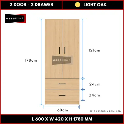 [178CM] EsseHome 2 Door 2 Drawer Wardrobe Cabinet Cupboard Storage Almari Baju Almari 2 Laci