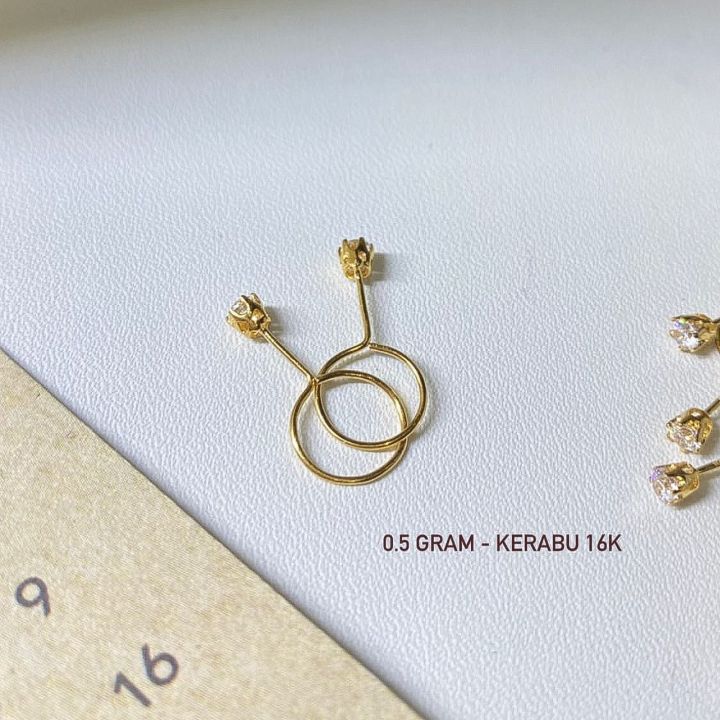 Anting toge emas kadar 70 16k permata 1 giwang kerabu ringan setengah 0,5 gram gr g padat bulat gantung