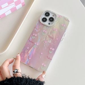 【New】Electroplated Silver Metal Frame Gradient Colored Tulips Pattern IMD Phone Case with Bracelet For iPhone X XS XR 11 12 13 14 15 16 Series