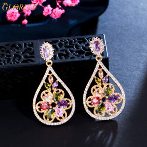 SEQUITO Stunning Yellow Gold Color Jewelry Full Pave Setting Colorful Crystal Stone Prom Party Hollow Big Waterdrop Dangle Drop Earrings Women Clothing Accessories SE858