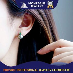 Montagne Jewelry 18k Pure Gold Earrings Emerald Inset Fine Jewellery Natural Top Grade 9-9.5mm Tahitian Black Pearl Earrings Stud Earring