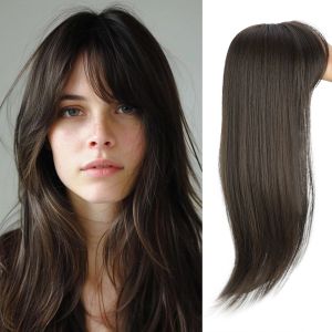 GENENIC Ombre Topper Hair with Hair Bangs Straight Clip in Synthetic Hair Toppers Top Hair Bangs Cover White Hair  Hairline Natural Topper Hairpieces for Women