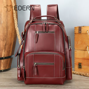EDERN Retro Crazy Horse Leather Mens Backpack Large Capacity Genuine Leather Schoolbag Cowhide Travel Backpack 15.6-inch Laptop Bag