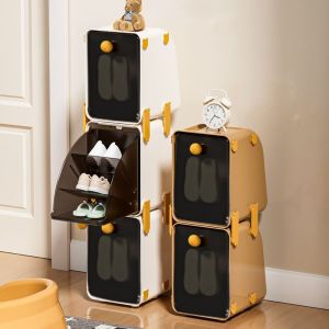 HESONG ไม่ต้องประกอบ ตู้เก็บรองเท้าเด็ก ป้องกันฝุ่น วัสดุอะคริลิก ของเก็บรองเท้า หลายชั้น การออกแบบการซ้อน ชั้นวางรองเท้าประหยัดพื้นที่ ใช้ในบ้าน