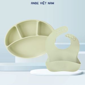 Combo khay ăn dặm có đế hít chống đổ yếm silicone cho bé ANBE Việt Nam có nắp kiểm định an toàn