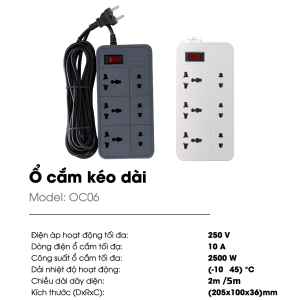 (Rạng Đông) Ổ cắm kéo dài 2mét & 5Mét 2 chấu & 3 chấu OC05 OC06 Tự động ngắt khi quá tải