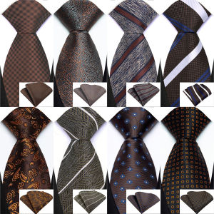 Brown Striped Paisley Mens Ties Set Dot 8cm Jacquard Necktie Handkerchief Set Accessories Daily Wear Cravat Wedding Party Gift