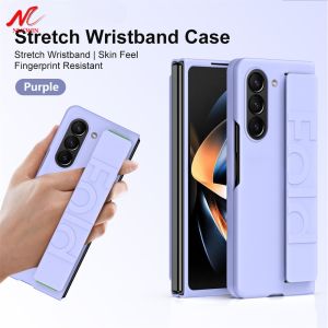 For Samsung Z Fold 5 Wrist Strap Case Elastic Hand Belt Ultra Thin PC Cases for Samsung Galaxy Z Fold 5 4 3 2 Stand Holder Cover