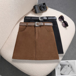 COD with belt~ Retro coffee suede skirt Korean new high waist and thin anti-light pocket skirt 98612026 new product