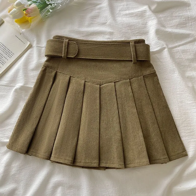 Women Pleated Skirt with Belt Casual High Waist A-Line Short Corduroy skirt  Chic