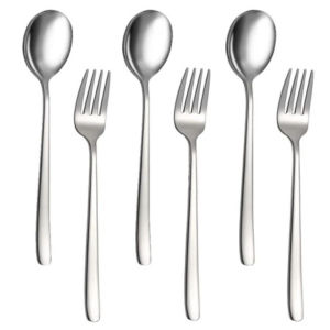 12Pcs Korean Spoon Fork Set / Silver Polished Stainless Steel Cutlery / Long Handle Soup Spoons / for Home Kitchen Hotel Restaurant Flatware Set